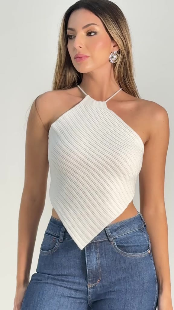 Top Cropped Lenço Feminino Tricot Modal Frente Única com Amarração nas Costas Tricô