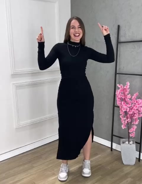 Vestido Feminino Cacharrel Longo Tubinho Manga Longa Gola Alta Ribana Canelada Inverno Frio