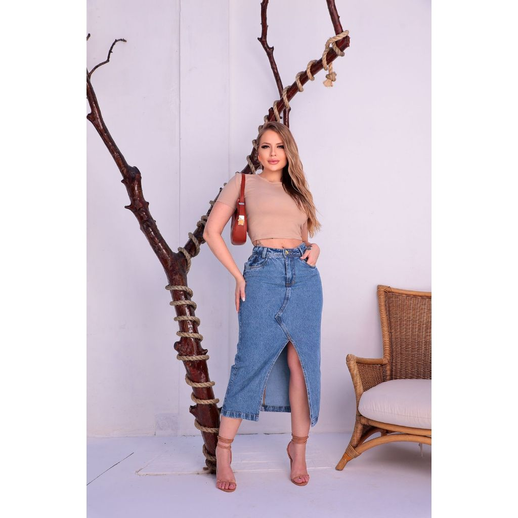 Saia Jeans Feminina Longa Cintura Alta Evangélica Midi Com Abertura