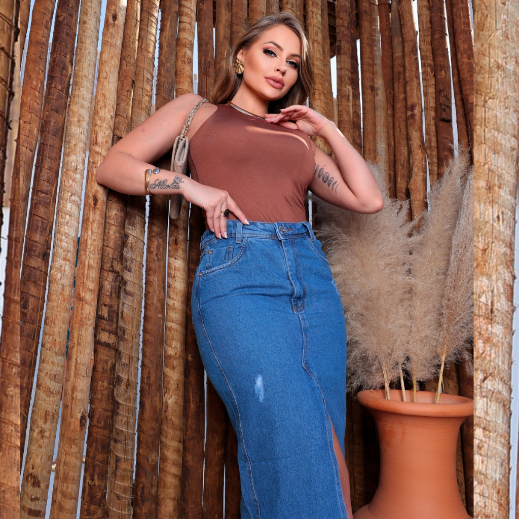 Saia Jeans Feminina Longa Cintura Alta Evangélica Midi Com Abertura