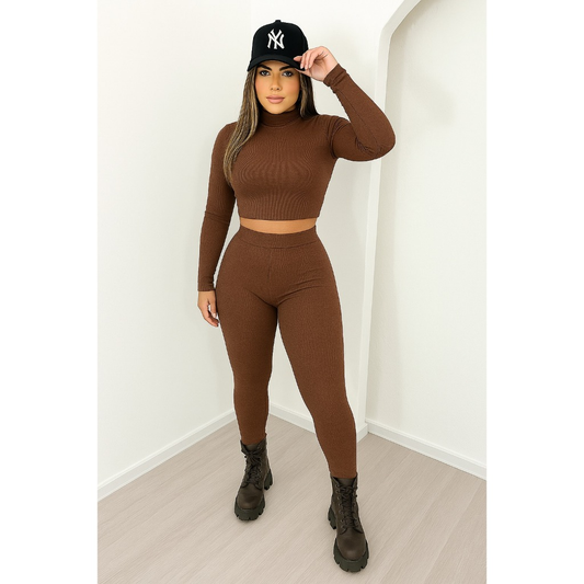 Conjunto Boho Chic Feminino Inverno Manga Longa Estilo Romântico Confortável​ Legging e Cropped