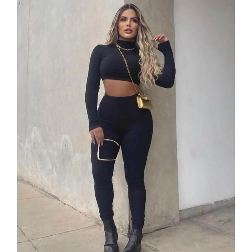 Conjunto Boho Chic Feminino Inverno Manga Longa Estilo Romântico Confortável​ Legging e Cropped