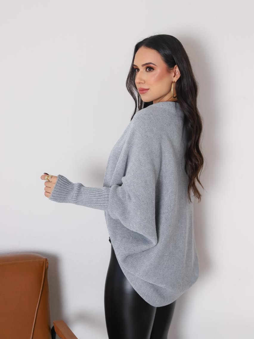 Capa Poncho Blusa Feminina em Tricot Manga Longa Outono/Inverno