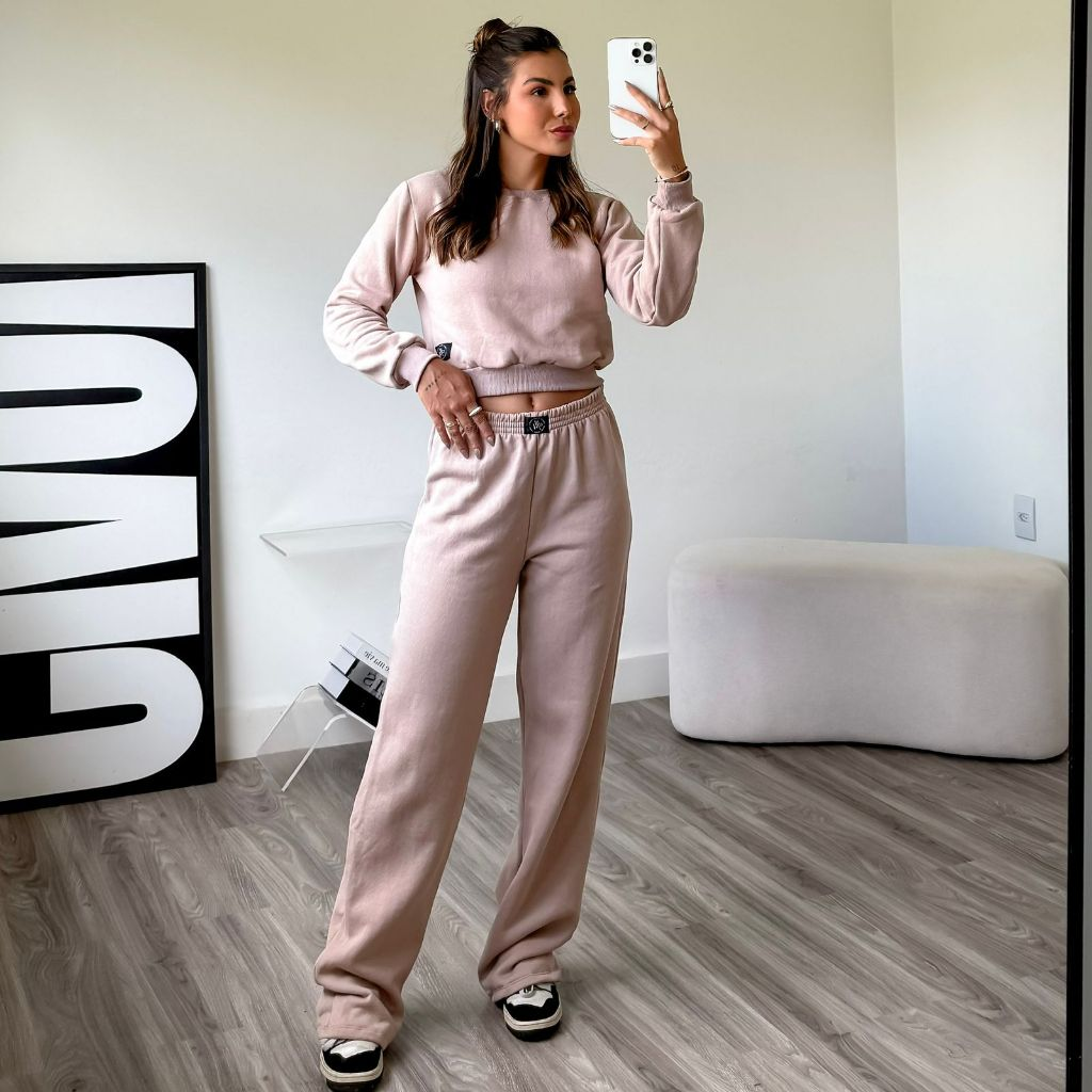 Conjunto Moletom Feminino Blusa manga longa Flanelado liso cropped+ calça pantalona conjunto feminino de frio