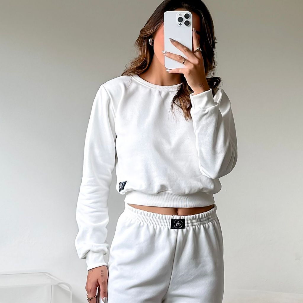 Conjunto Moletom Feminino Blusa manga longa Flanelado liso cropped+ calça pantalona conjunto feminino de frio