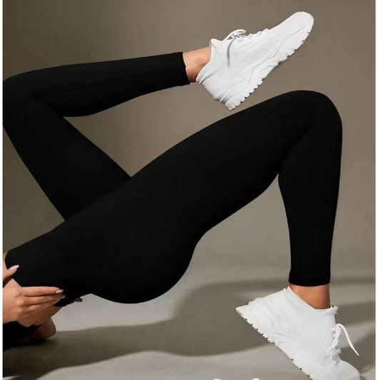 Calça Legging Canelada de Cintura Alta Sem Costura para Academia Feminina, Elástica e Fitness