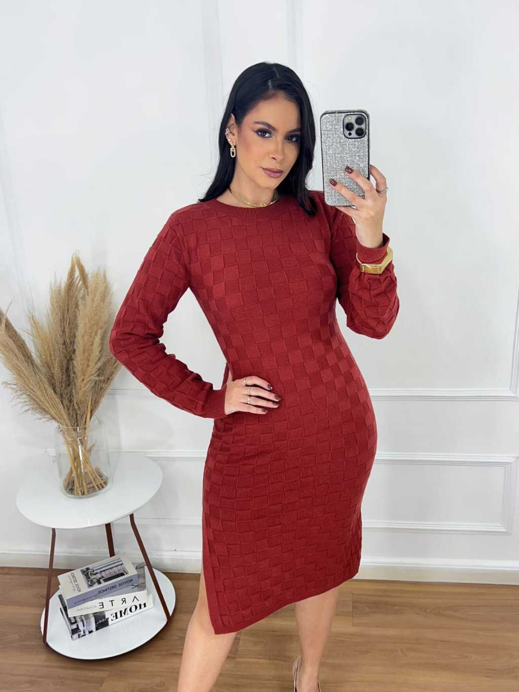 Vestido Feminino Tricot Modal Elegante Gola Redonda Midi Com Fenda Outono/Inverno Wica Malhas