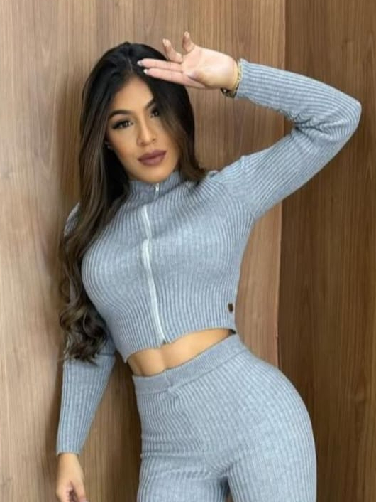 Conjunto Blusa Ziper Manga Longa e Calça Cós Alto Canelado Modinha Modal