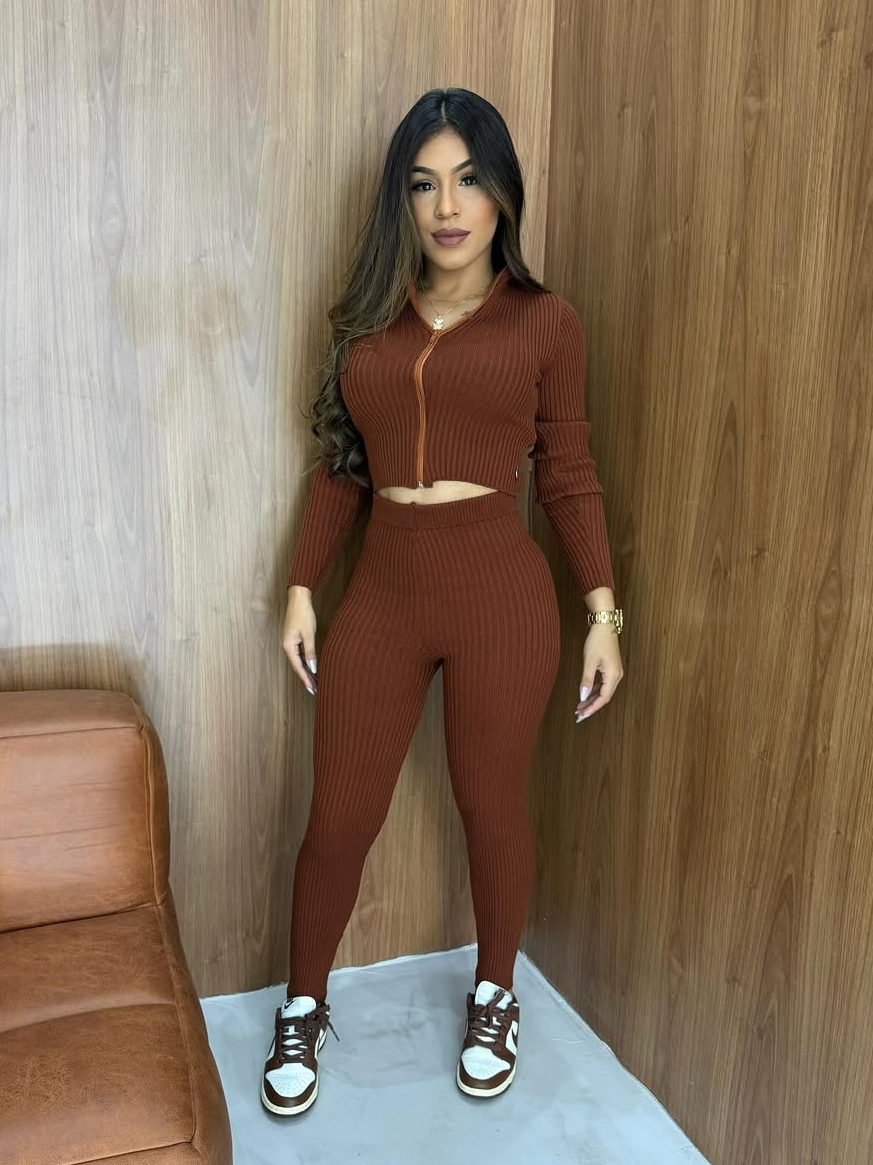 Conjunto Blusa Ziper Manga Longa e Calça Cós Alto Canelado Modinha Modal