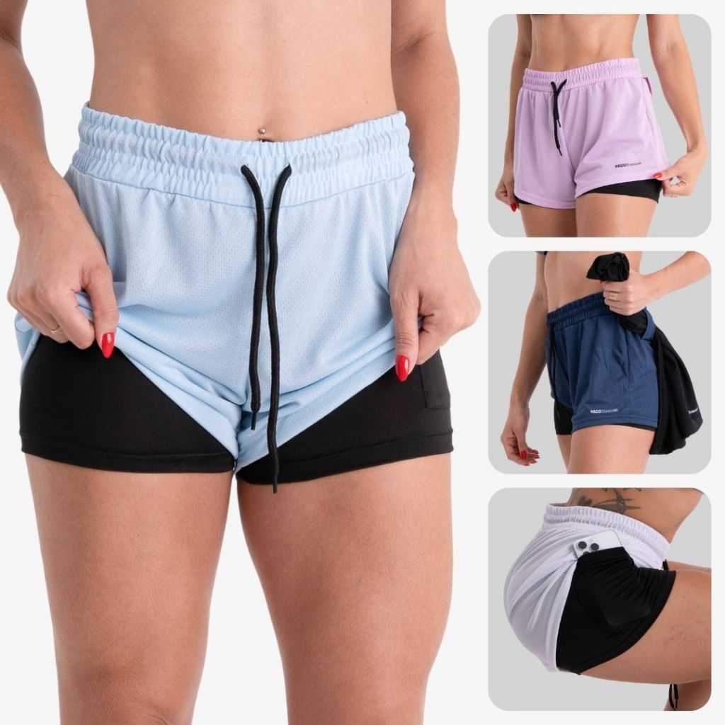Shorts Compressão 2 em 1 Feminino Academia Caminhadas Corrida Bermuda Dupla Para Treino e Esportes