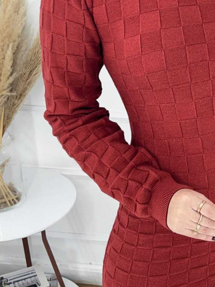 Vestido Feminino Tricot Modal Elegante Gola Redonda Midi Com Fenda Outono/Inverno Wica Malhas