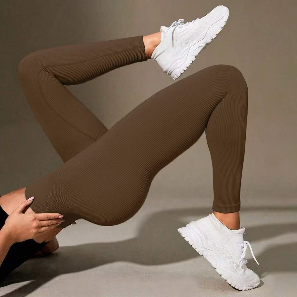Calça Legging Canelada de Cintura Alta Sem Costura para Academia Feminina, Elástica e Fitness