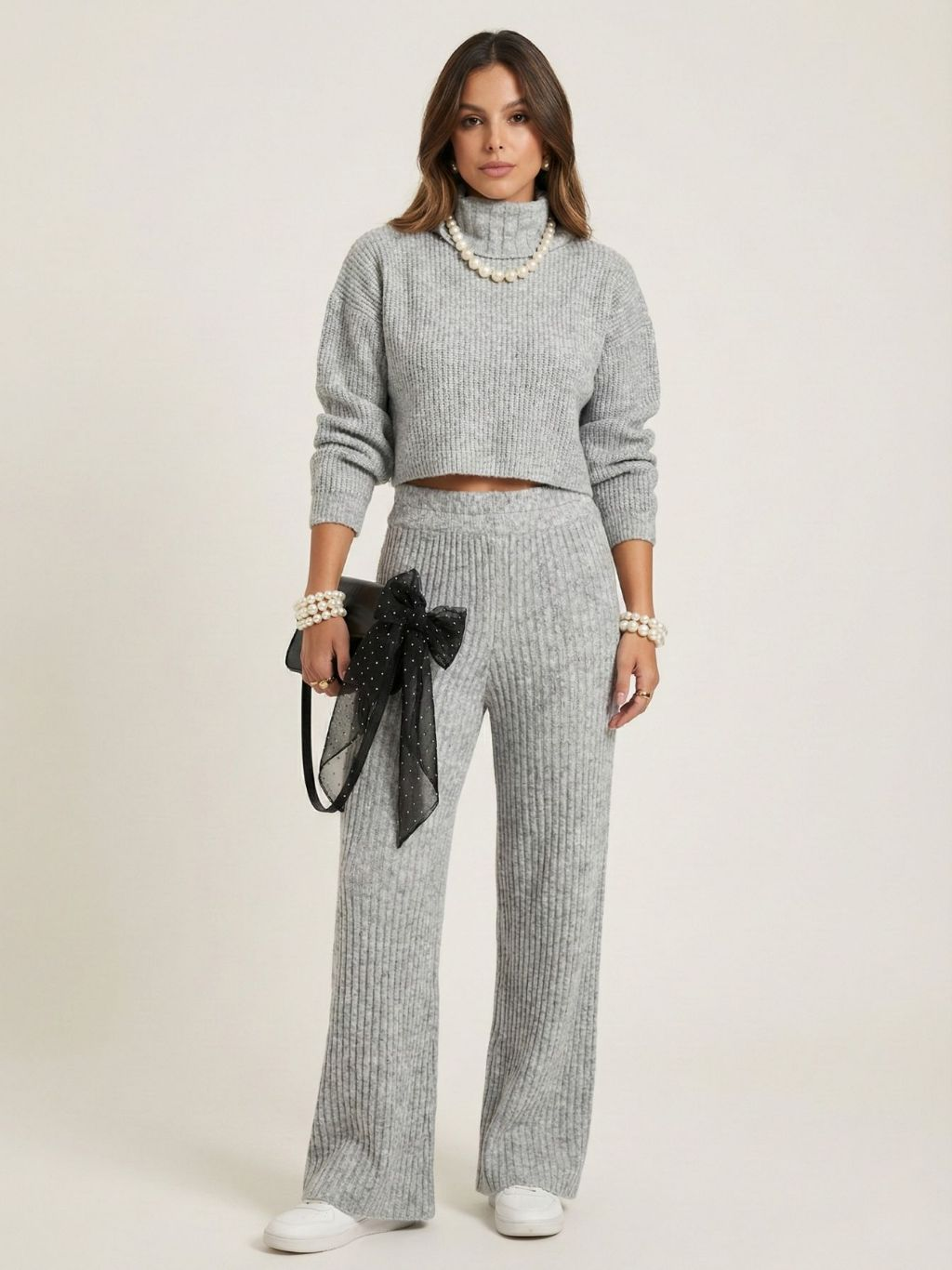 Conjunto Feminino Inverno Mousse Calça e Blusa Gola Alta Tricot