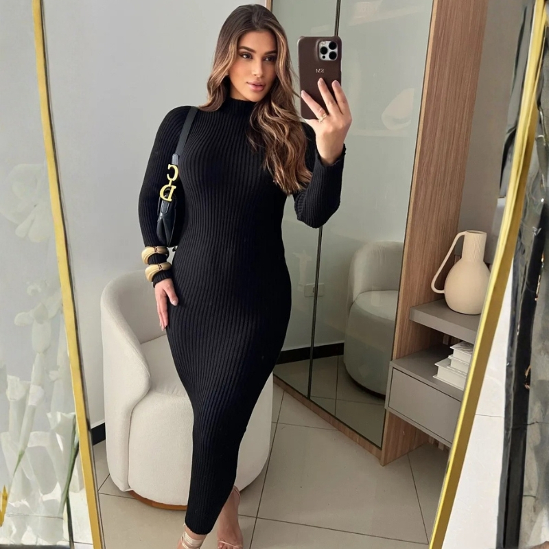 Vestido com manga anastacia canelado fio modal premium outono e inverno