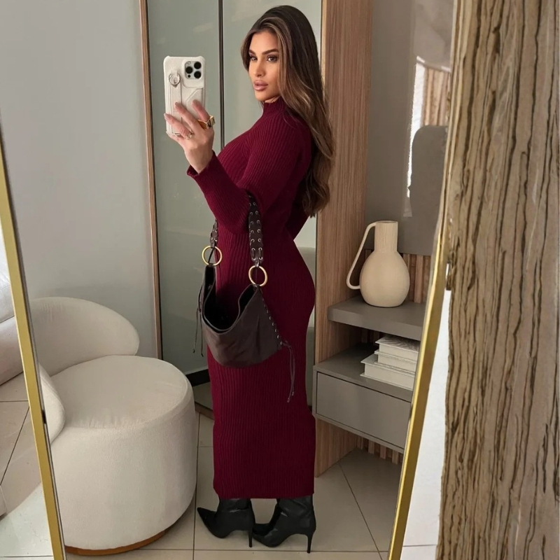 Vestido com manga anastacia canelado fio modal premium outono e inverno