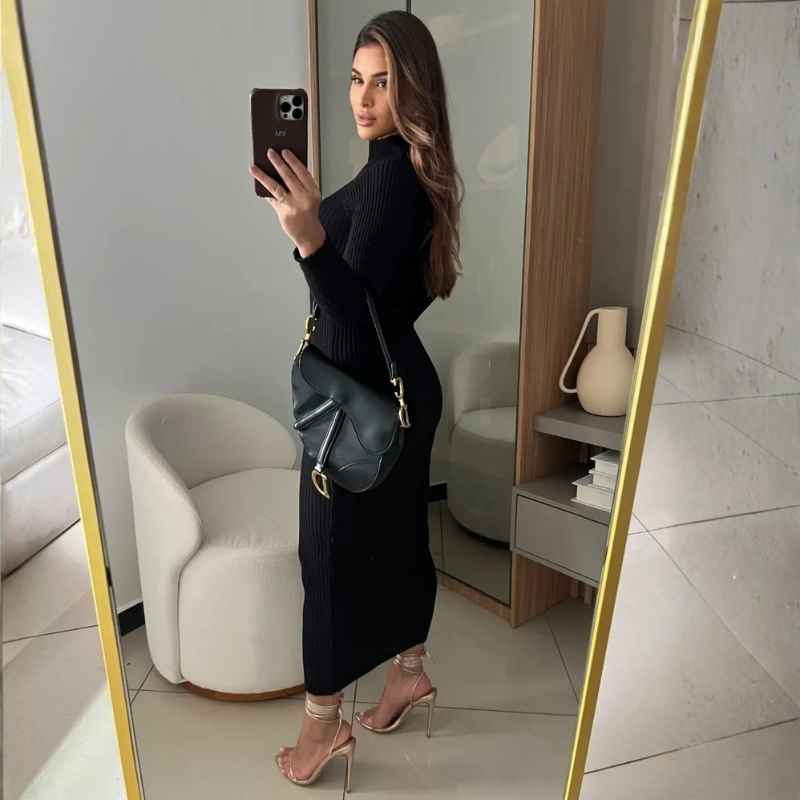 Vestido com manga anastacia canelado fio modal premium outono e inverno