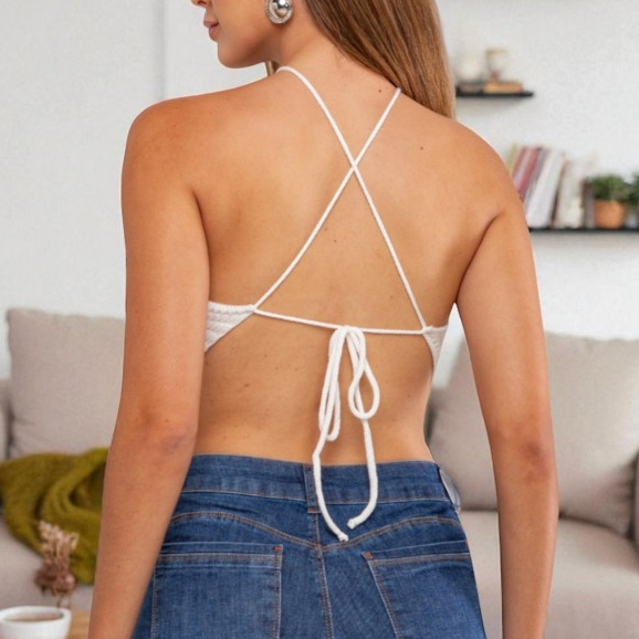 Top Cropped Lenço Feminino Tricot Modal Frente Única com Amarração nas Costas Tricô
