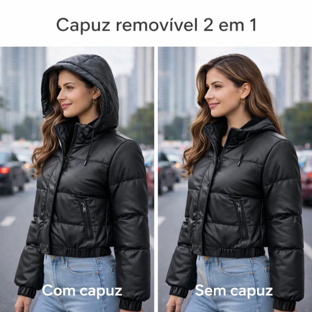 Jaqueta de Couro Feminina Puffer Bobojaco Cropped Peluciada Capuz Removivel