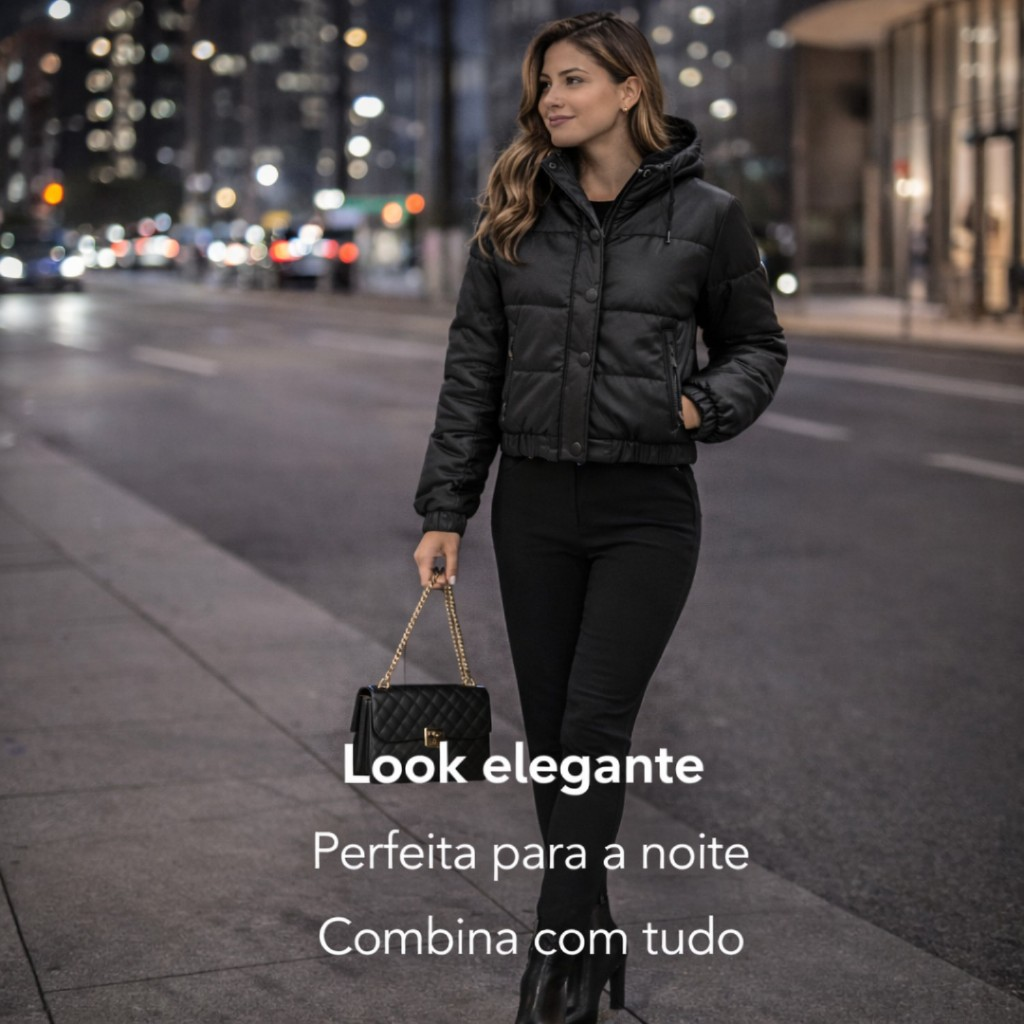 Jaqueta de Couro Feminina Puffer Bobojaco Cropped Peluciada Capuz Removivel