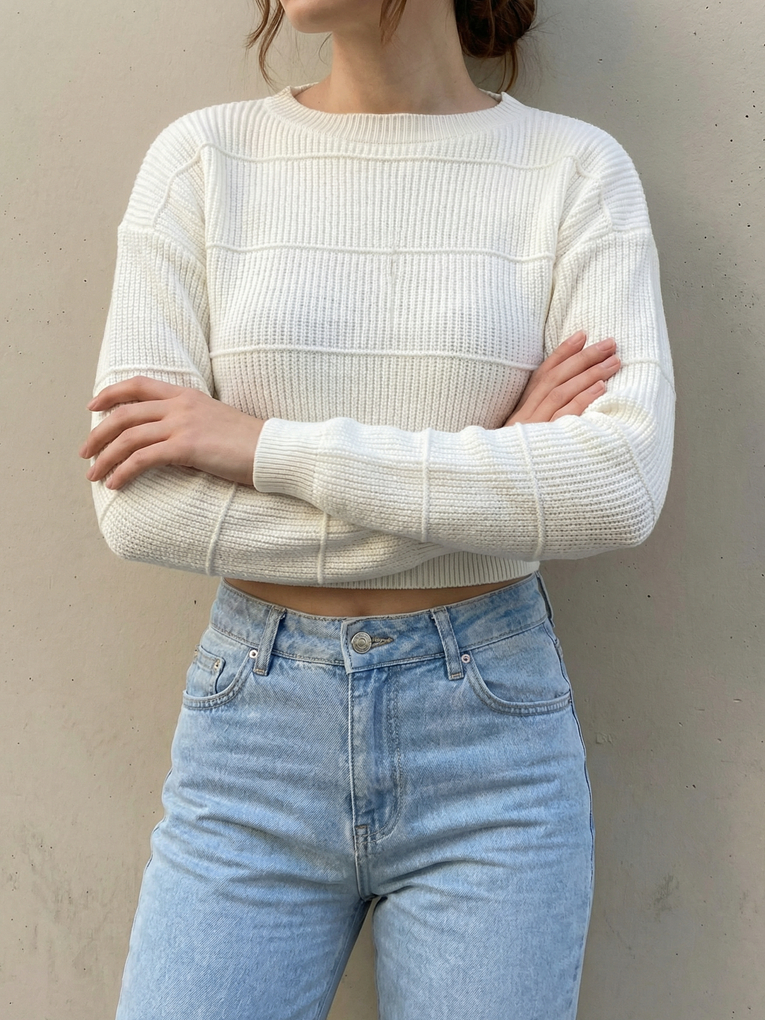 Blusa Cropped Feminino Tricot Manga Longa Grosso Blogueira Inverno Estiloso Quentinho