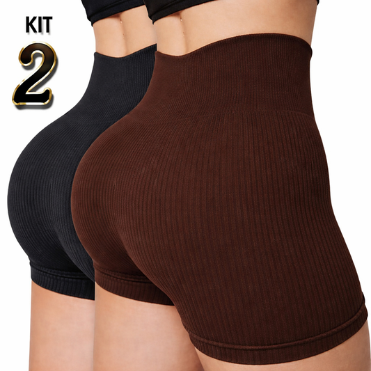 Kit 1/2/3 Short Feminino Fitness Cintura Alta Canelado Secagem Rápida Zero Transparente Esportivo