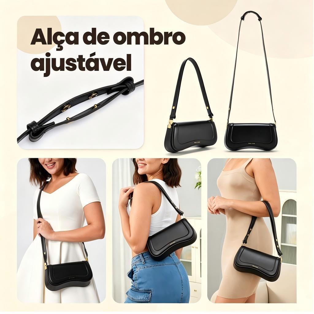 Bolsa de Ombro Feminina com Alça Ajustável, Bolsa Feminina Elegante com Couro Preto, Bolsa Transversal Tiracolo Presente