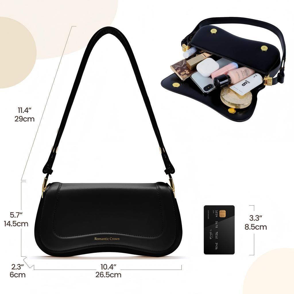 Bolsa de Ombro Feminina com Alça Ajustável, Bolsa Feminina Elegante com Couro Preto, Bolsa Transversal Tiracolo Presente