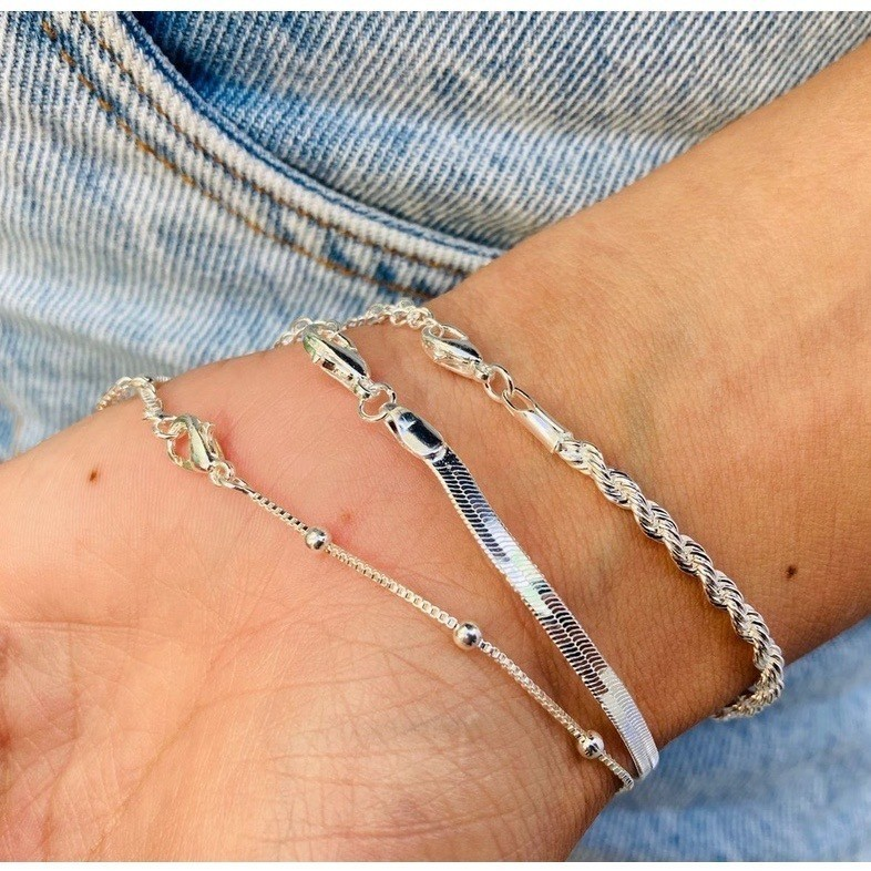 Kit 3 Pulseiras Prata 925 Folheada Cordão Baiano Fio Liso Metalizada Conjunto Pulseira Feminina de Bolinha