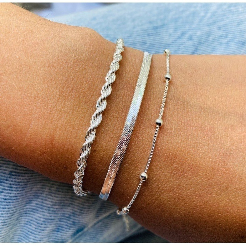Kit 3 Pulseiras Prata 925 Folheada Cordão Baiano Fio Liso Metalizada Conjunto Pulseira Feminina de Bolinha