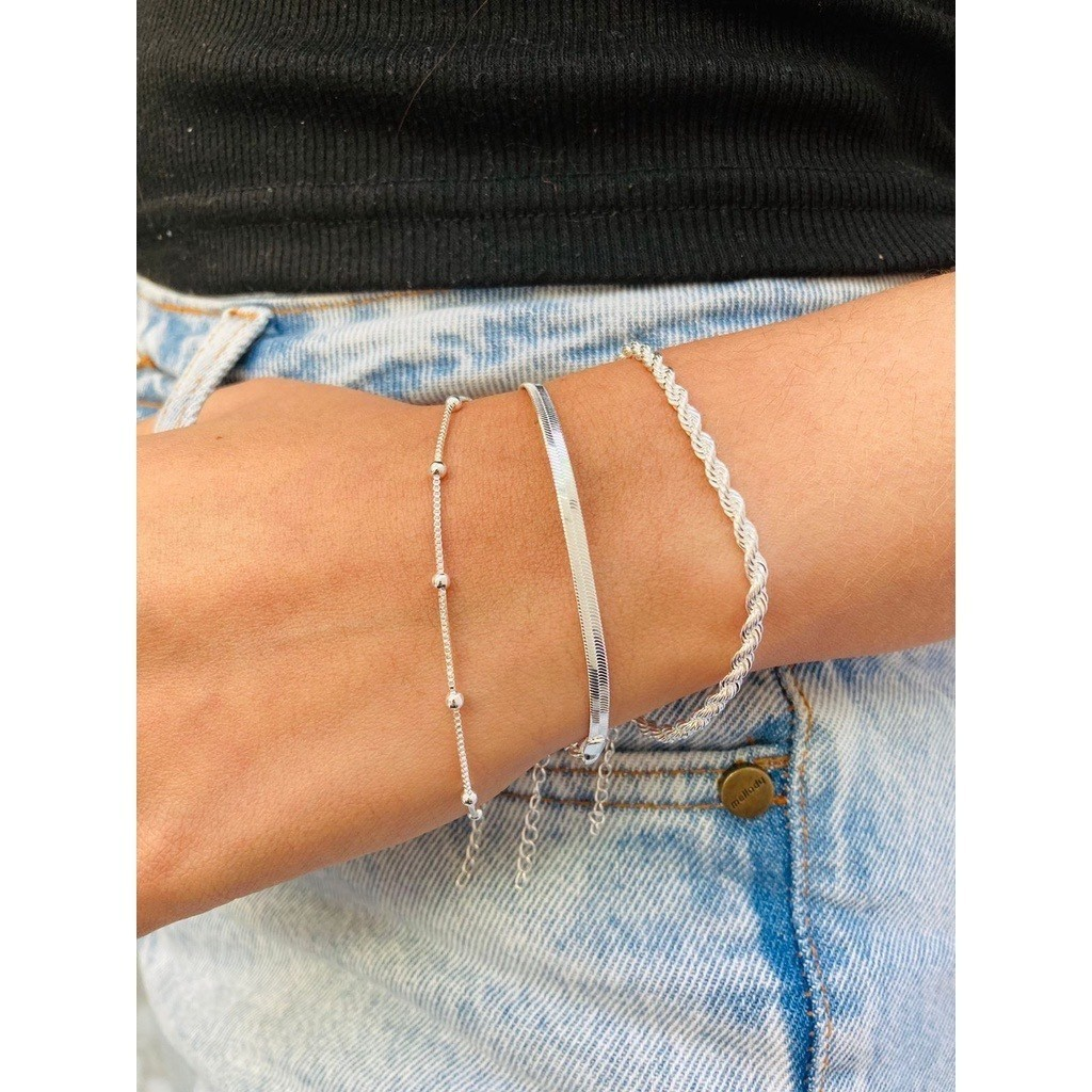 Kit 3 Pulseiras Prata 925 Folheada Cordão Baiano Fio Liso Metalizada Conjunto Pulseira Feminina de Bolinha